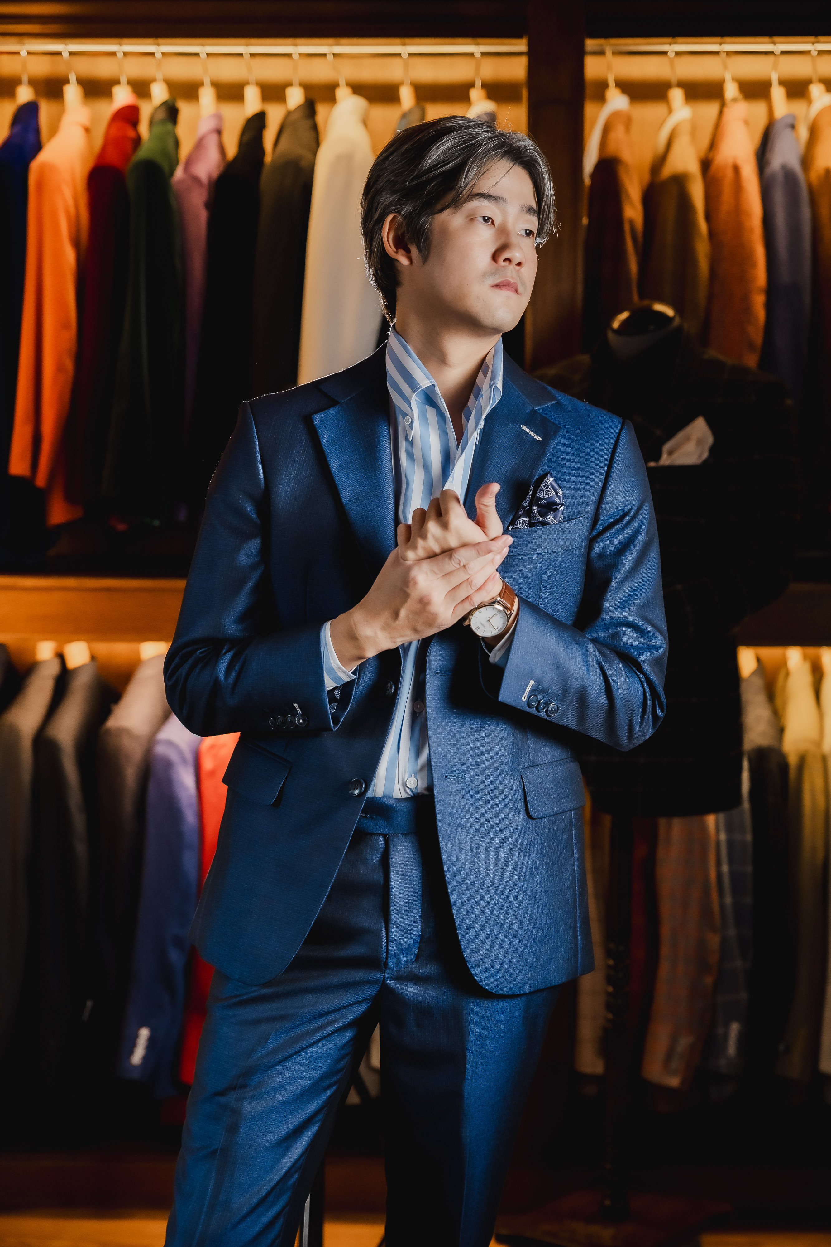 Blue suit dramatic portrait