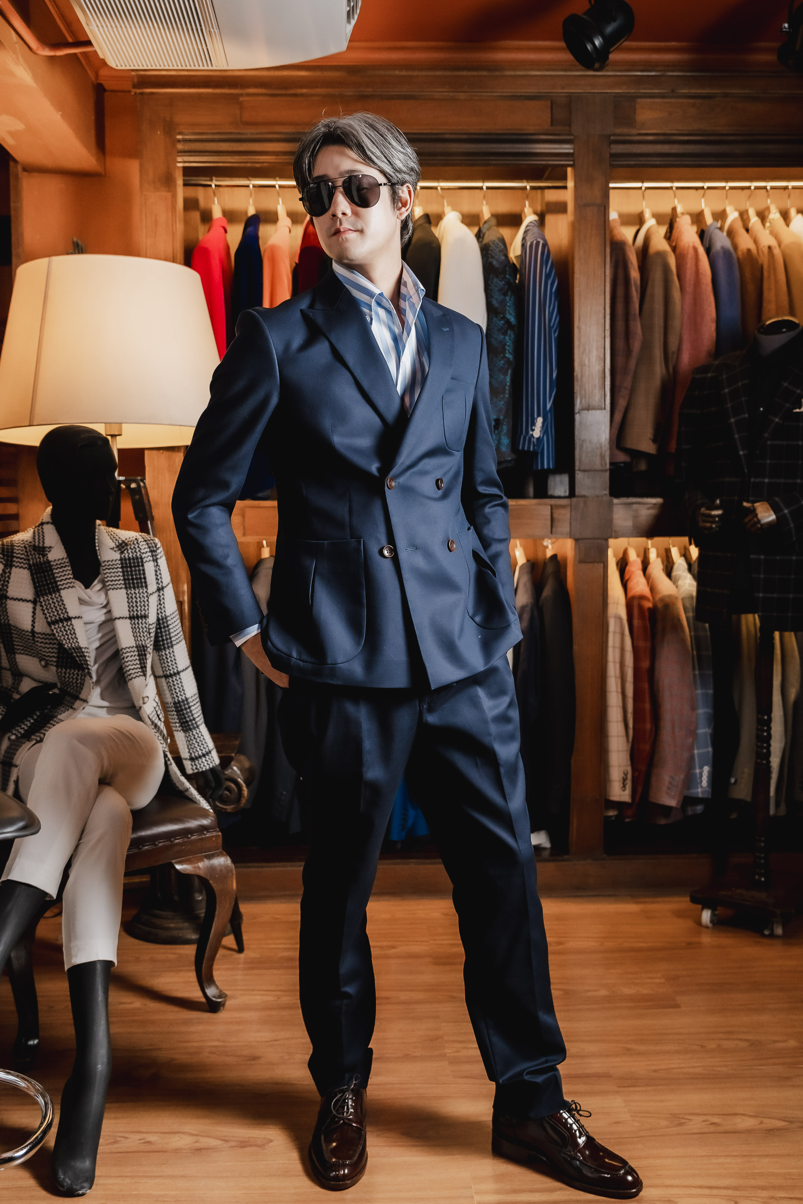 Navy double-breasted with sunglasses