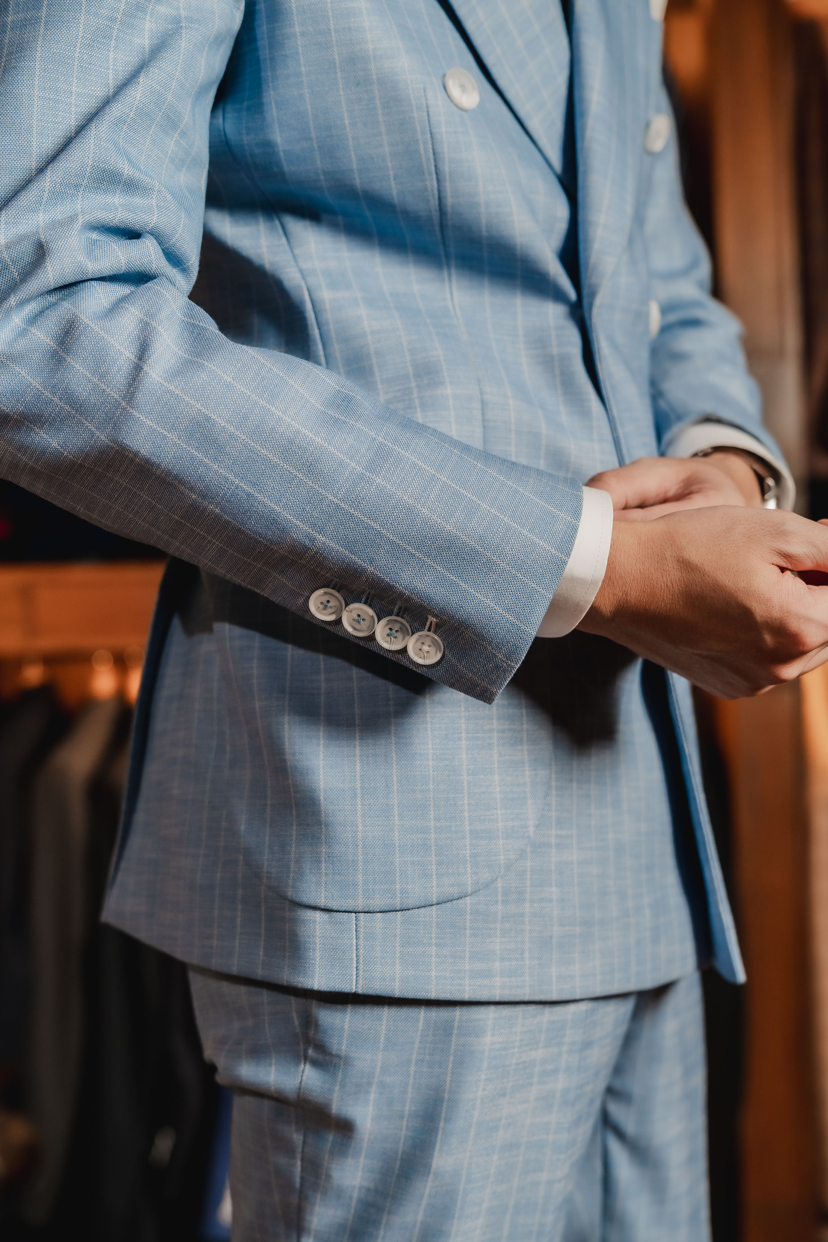 Pinstripe cuff button close-up