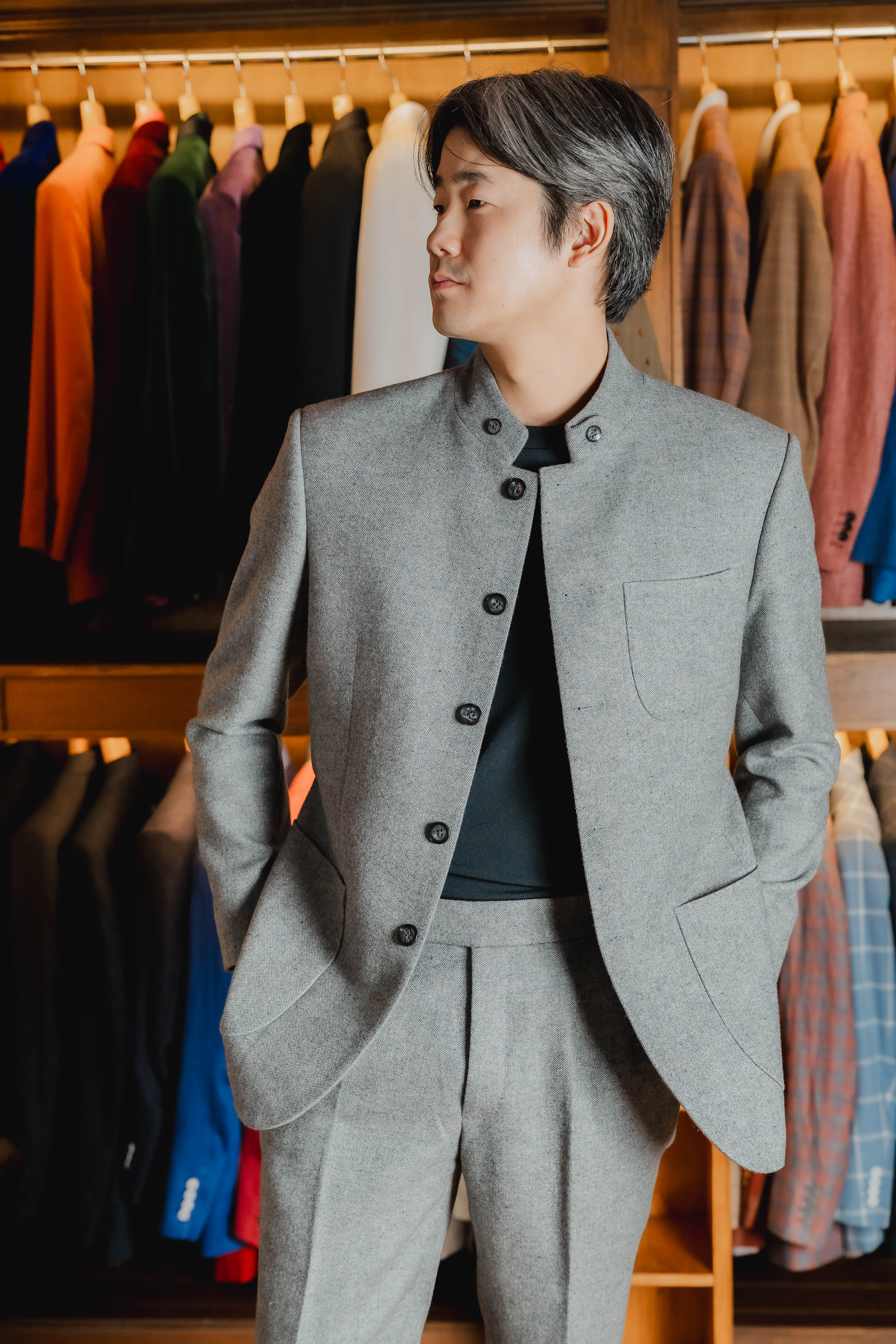 Grey mandarin-collar standing