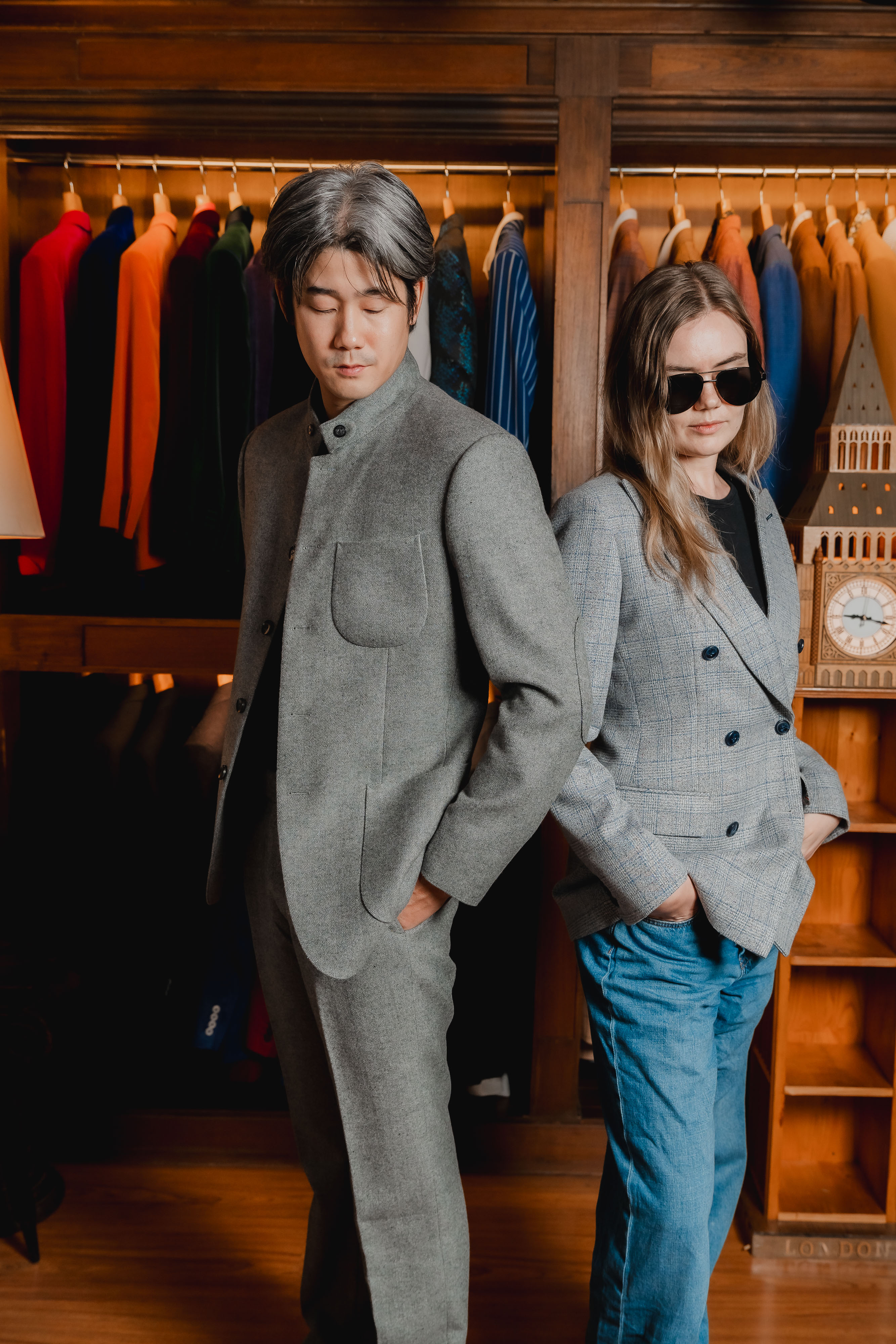 Male and female models in suits