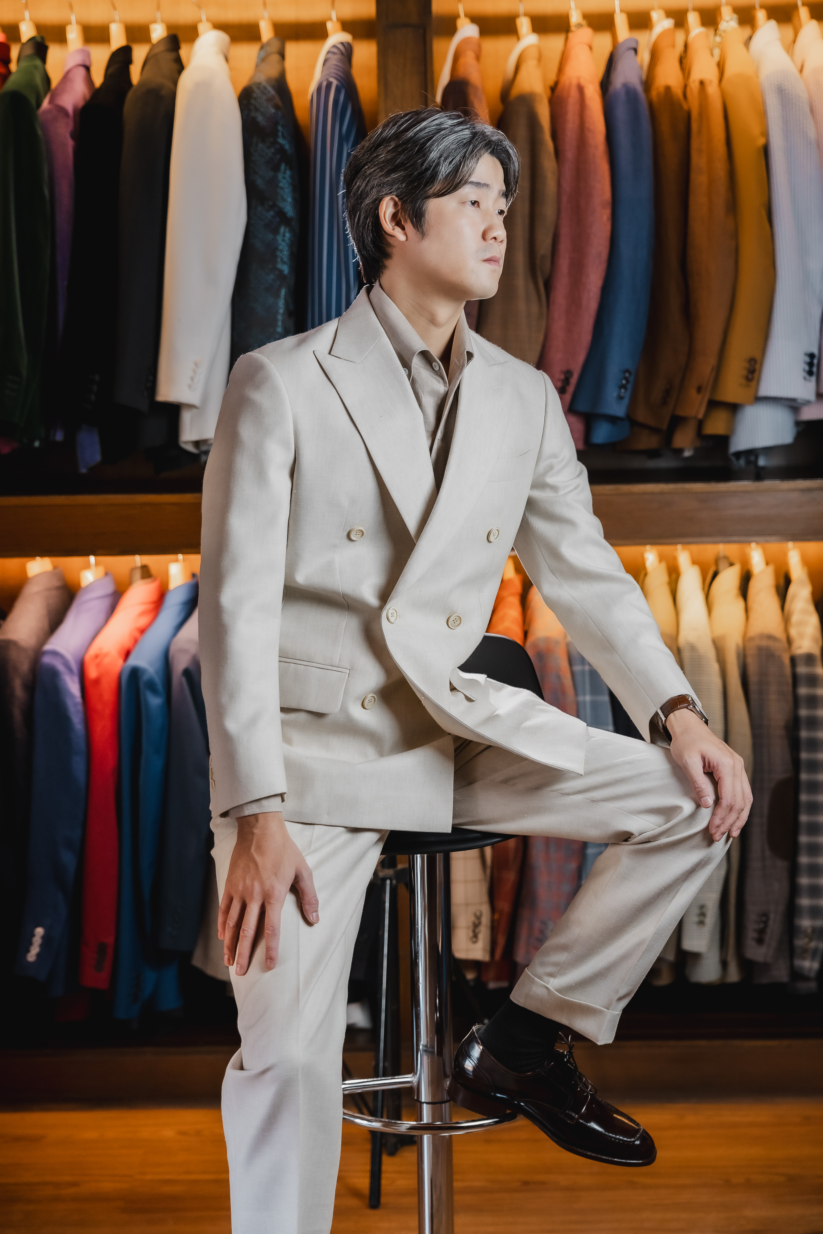 Cream double-breasted suit